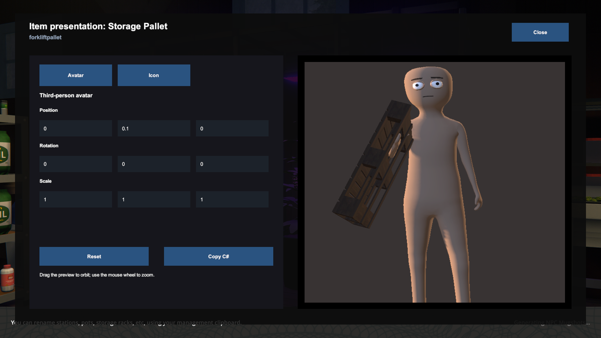 The presentation workbench showing a storage pallet on the detached avatar preview